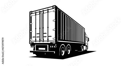 Rear view of a large black semi-truck trailer, showcasing cargo space.