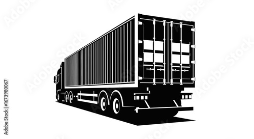 A large, black and white illustration of a semi-truck trailer viewed from behind.
