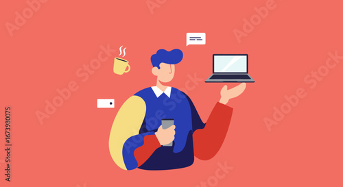 Modern person multitasking with laptop, smartphone, and coffee, representing remote work, online communication, and digital lifestyle.