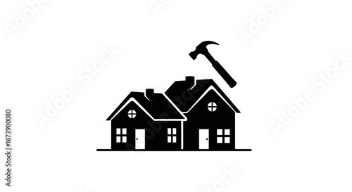Hammer demolishing a double house roof, signifying home renovation or demolition.