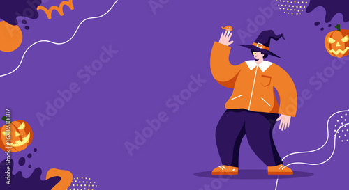 Vibrant Halloween illustration featuring a person in a witch hat and costume, interacting with a tiny pumpkin character. Perfect for seasonal designs and spooky promotions.