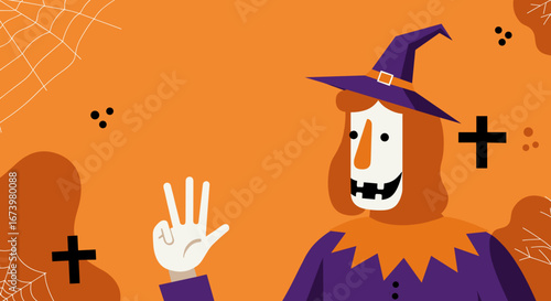Vibrant Halloween illustration of a friendly witch or scarecrow character raising three fingers. Perfect for spooky season celebrations, counting, and festive designs.