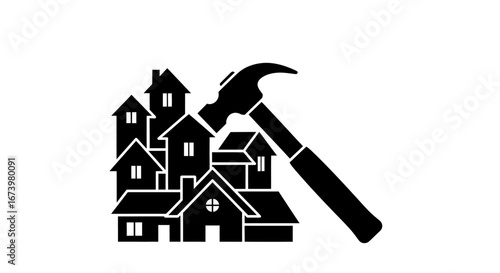 A black and white illustration of houses being struck by a hammer.