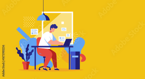 Man working diligently on a laptop in a modern, vibrant office setting, ideal for remote work, business, online learning, and productivity concepts.