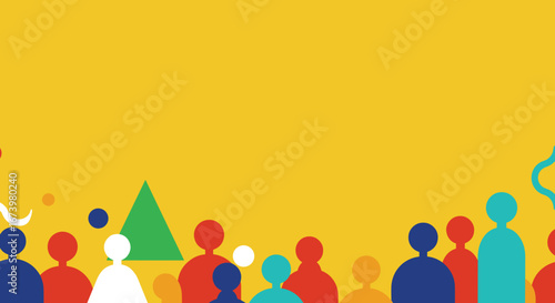 Colorful, diverse group of stylized people representing community, unity, and connection on a vibrant yellow background. Ideal for themes of teamwork, social events, or global collaboration.