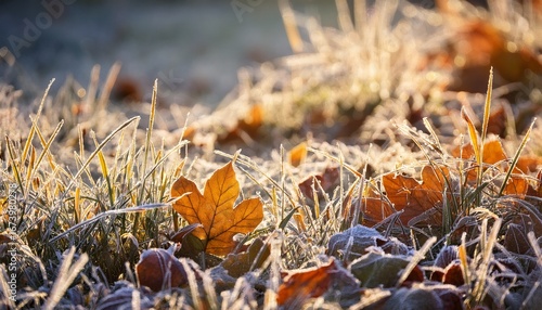 frost covered grass and fallen leaves on the ground during early morning in autumn season