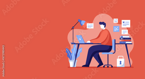 Dedicated person working efficiently on a laptop at a desk, surrounded by documents and a secure data concept. Ideal for business, remote work, or online learning.
