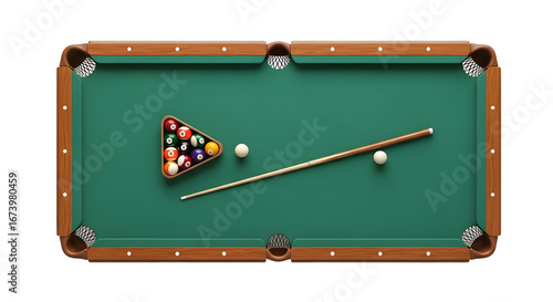 Overhead View of a Billiards Table with Cue and Balls
