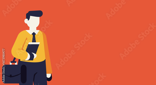 Professional businessman illustration in flat design, holding a folder and briefcase, ideal for corporate, career, and employment themes with ample copy space.
