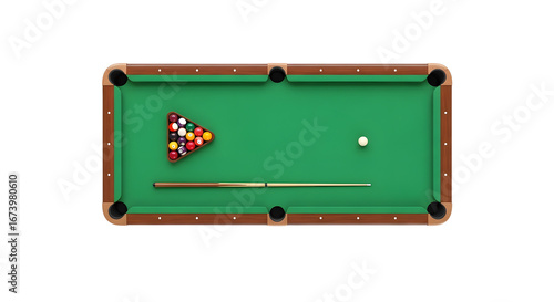 Overhead View of Billiard Table with Balls and Cue