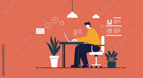 Man focused on laptop at his desk with productivity icons, illustrating concepts of remote work, online business, data management, and digital learning.