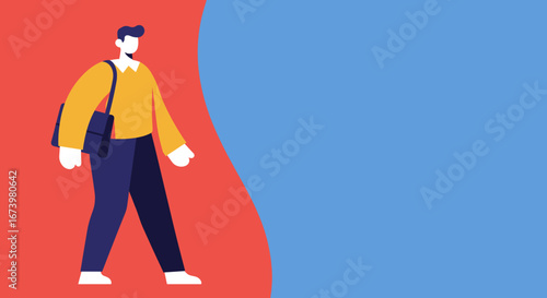 Stylized illustration of a person walking with a messenger bag against a split red and blue background, ideal for concepts like education, travel, or daily commute with ample copy space.
