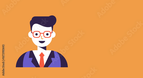 Friendly flat illustration of a smiling business professional wearing a suit and glasses. Ideal for corporate, educational, or profile content with ample copy space.