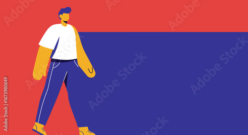 Minimalist illustration of a person walking against a vibrant red and blue background, symbolizing forward movement, progress, and contemporary lifestyle.