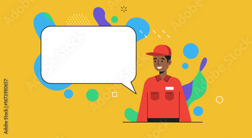 Friendly service worker in red uniform smiling next to a blank speech bubble on a vibrant yellow background. Ideal for business communication or announcements.