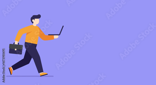 A professional businessman swiftly walks, carrying a laptop and briefcase, symbolizing modern work, efficiency, and mobility in the digital age.