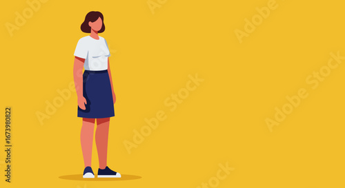Stylish vector illustration of a woman in a white t-shirt and blue skirt standing against a vibrant yellow background, perfect for diverse business, lifestyle, or educational concepts.