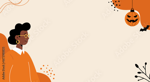 Friendly person on a festive Halloween-themed background, ideal for seasonal promotions, social media, or autumn greetings. Features abstract shapes, pumpkin, and bat for a celebratory feel.