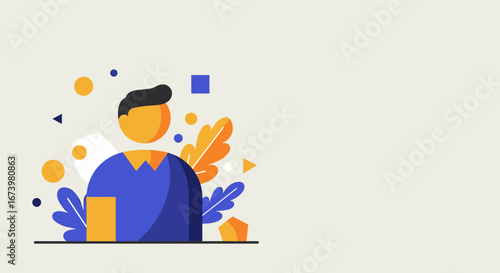 Vibrant flat design illustration of a stylized person amidst geometric and organic shapes, symbolizing modern identity, user profiles, growth, or digital business.