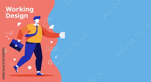Professional businessman illustration walking with a briefcase and an envelope, symbolizing corporate communication, delivery, and modern business lifestyle. Vibrant design with copy space.