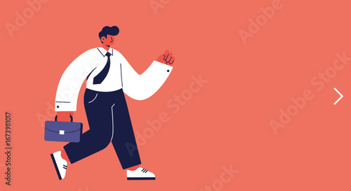 Professional man in a suit walking purposefully with a briefcase, symbolizing career success, ambition, and business journey. Modern vector illustration.
