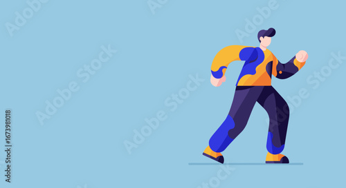 Energetic person walking forward in a vibrant, modern illustration style. Symbolizes progress, movement, and a dynamic approach to life or work, ideal for business and lifestyle concepts.