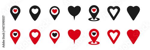 Map pointer red heart icon set. Heart shaped location pin symbol. Maps, navigation, gps. Vector illustrationeps and png transparent