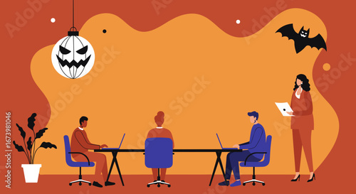 Professionals collaborate in a festive Halloween-decorated office meeting. Ideal for seasonal business events, corporate culture, or team collaboration themes.