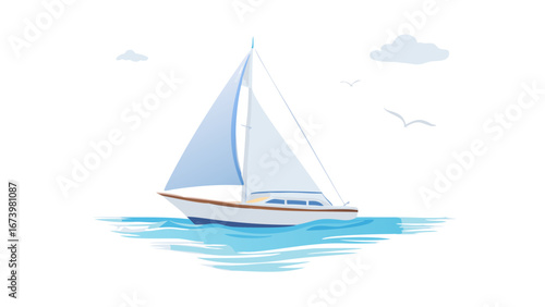 Sailboat on blue water with clouds and birds sailing