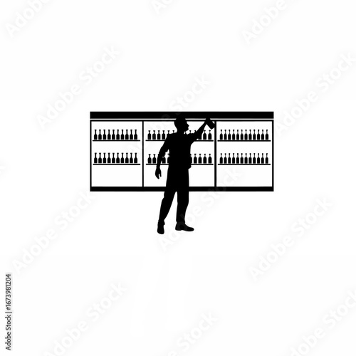 Inspector confiscating expired cold drinks from a local store silhouette isolated on white background