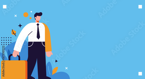 Professional businessman illustration with briefcase on a dynamic blue background, representing career, success, or new opportunities with copy space.