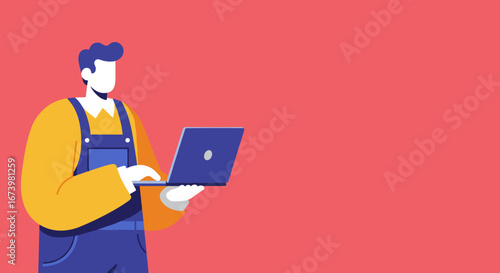 Illustrated man in overalls working on a laptop with copy space. Represents online work, remote education, or IT support. Modern vector graphic for business or technology concepts.