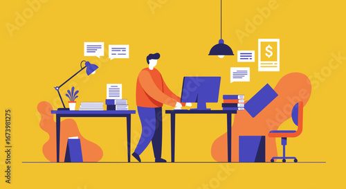 Professional actively working at a modern desk with a computer. Illustration depicting productivity, business, finance, remote work, and office tasks.