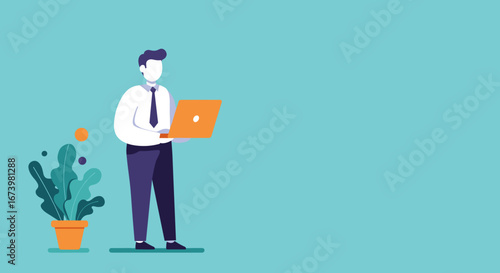 Illustration of a focused businessman using a laptop, representing remote work, digital communication, and productivity in a modern office or learning environment.