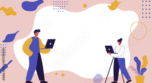 Modern illustration of two professionals using laptops, suitable for remote work, online education, or collaborative projects. Ample copy space for text.