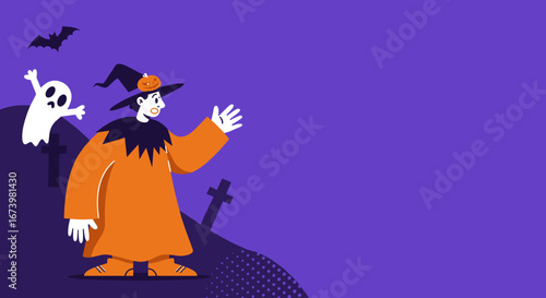 Halloween illustration featuring a witch, ghost, and bat on a spooky hill, ideal for festive promotions, party invitations, or holiday greetings with ample copy space.