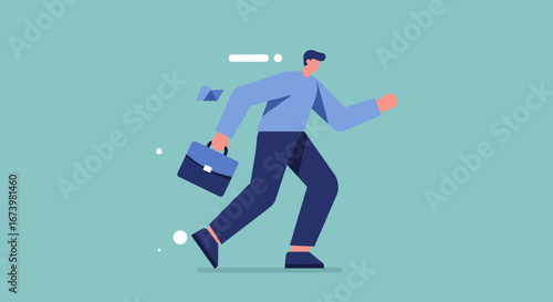 A modern businessman rapidly moves with his briefcase, symbolizing speed, urgency, and professional progress. Ideal for themes of career ambition and tight deadlines.