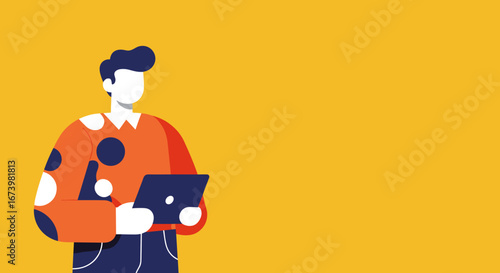 Modern illustration of a person using a laptop and holding a drink on a vibrant yellow background. Represents digital work, online learning, or casual lifestyle.