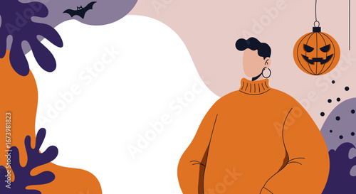 Minimalist Halloween illustration with a person in an orange sweater, jack-o'-lantern, and bat. Ideal for autumn holiday designs, party invitations, or social media posts.