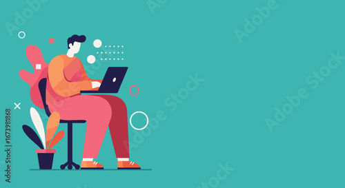 Illustration of a person diligently working on a laptop, embodying productivity, remote work, or online learning. Ideal for business and technology themes.