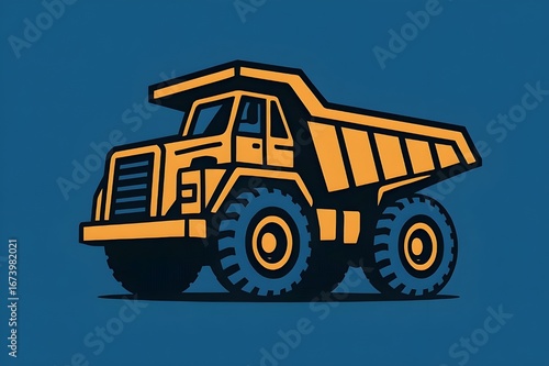 Bold dump truck illustration on blue background ready for construction branding or industrial design