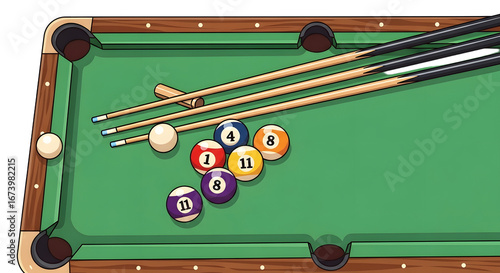 Cartoon Billiard Table with Balls and Cues