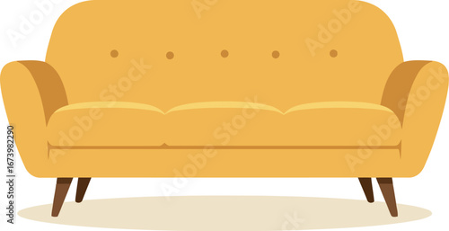 Cozy mustard yellow sofa button tufted mid century modern furniture living room decor vector