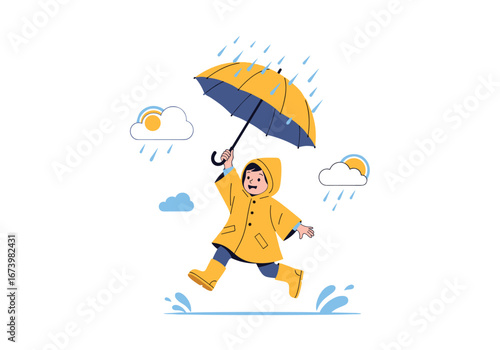 Joyful child in yellow raincoat runs under umbrella during rainy day