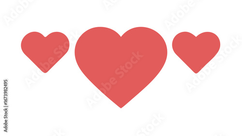 Three coral hearts on white background love symbol