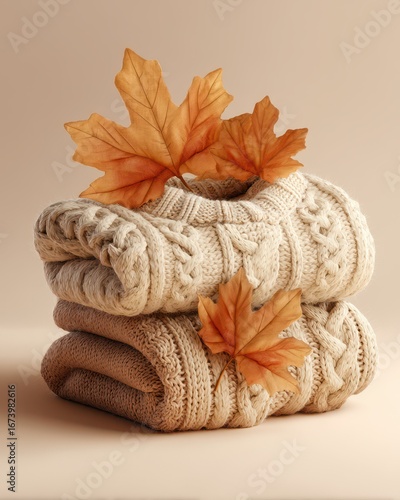 Autumn sweaters stack, leaves, beige background, cozy fall