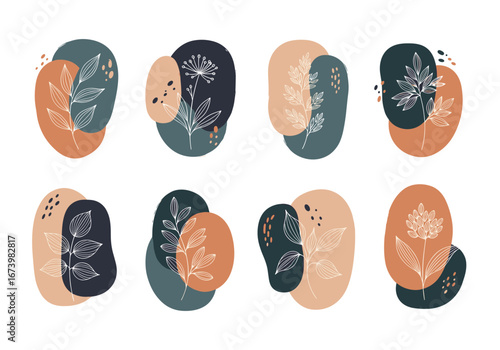 Abstract organic shapes with textured foliage patterns for artistic backgrounds and modern decor design elements