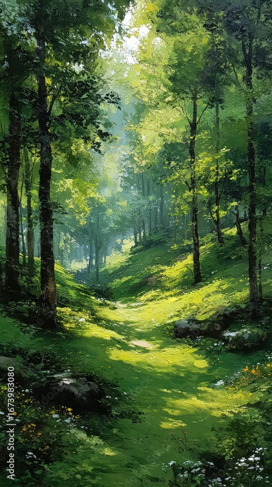 Fototapeta premium Lush forest path bathed in sunlight