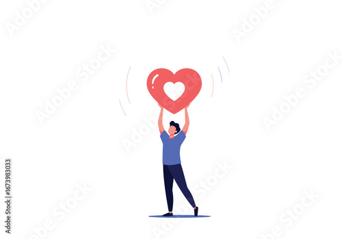 Person holding a large red heart above their head with love symbol inside promoting kindness and generosity