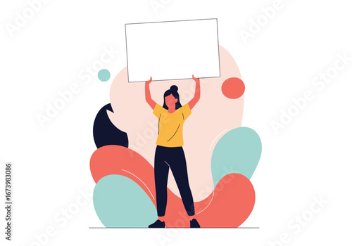 A person holds up a blank sign above their head with abstract shapes in the background creating a modern and engaging design